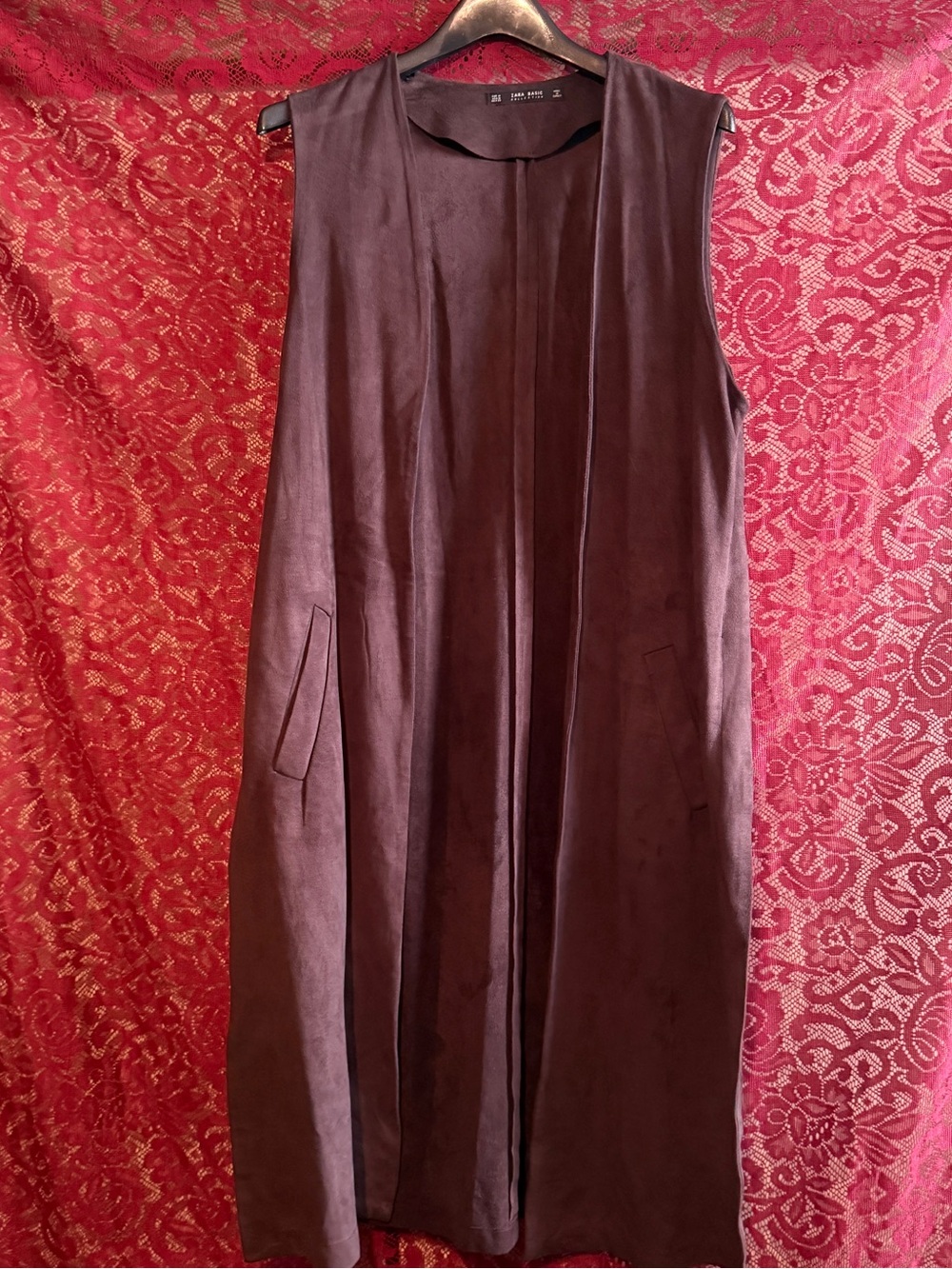 ZARA Faux Suede Open Front Long Vest Duster Jacket Brown Size M Minimalist